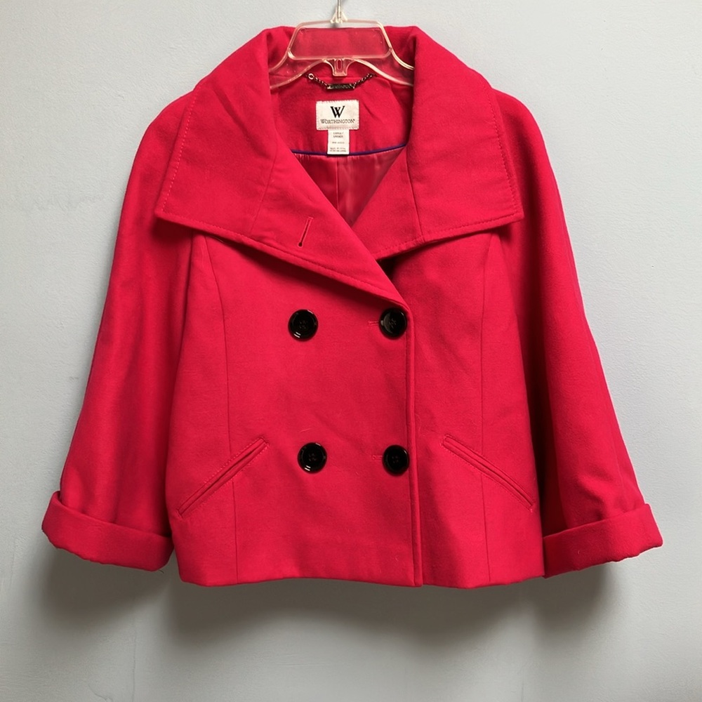 Worthington Women's L Cropped Pea Jacket Hot Pink Black Buttons Hand Pockets